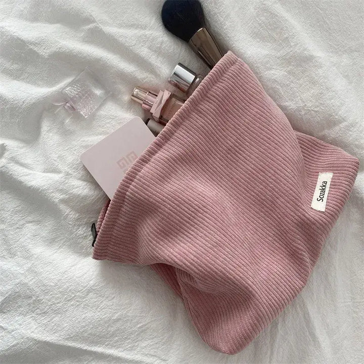 Trousse de Maquillage Velours Côtelé - Grande Capacité Portable
