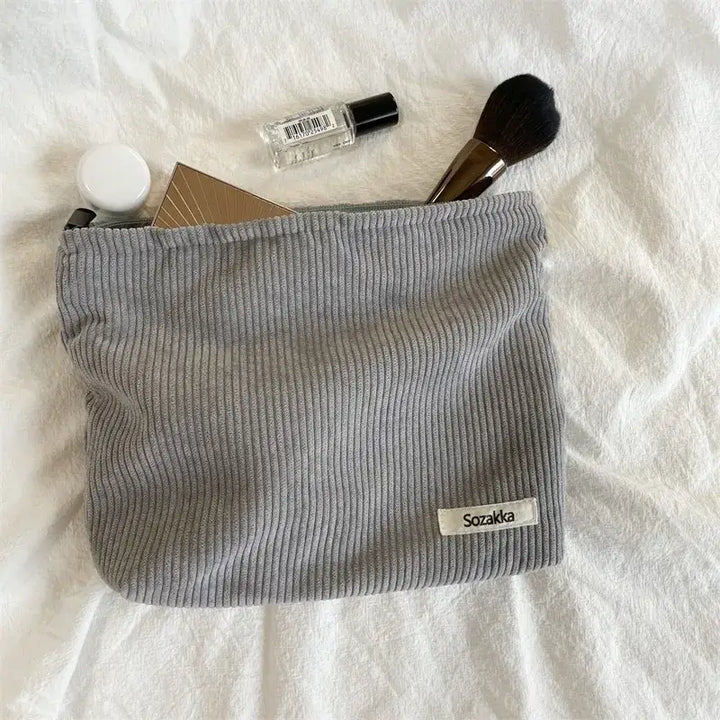 Trousse de Maquillage Velours Côtelé - Grande Capacité Portable - Gris