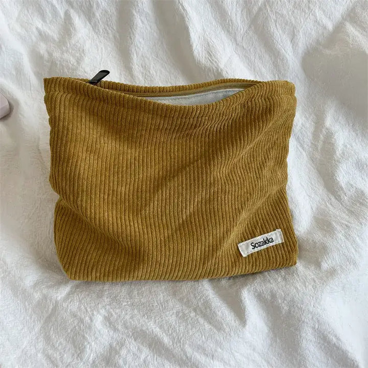 Trousse de Maquillage Velours Côtelé - Grande Capacité Portable - Jaune
