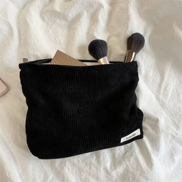 Trousse de Maquillage Velours Côtelé - Grande Capacité Portable - Noir