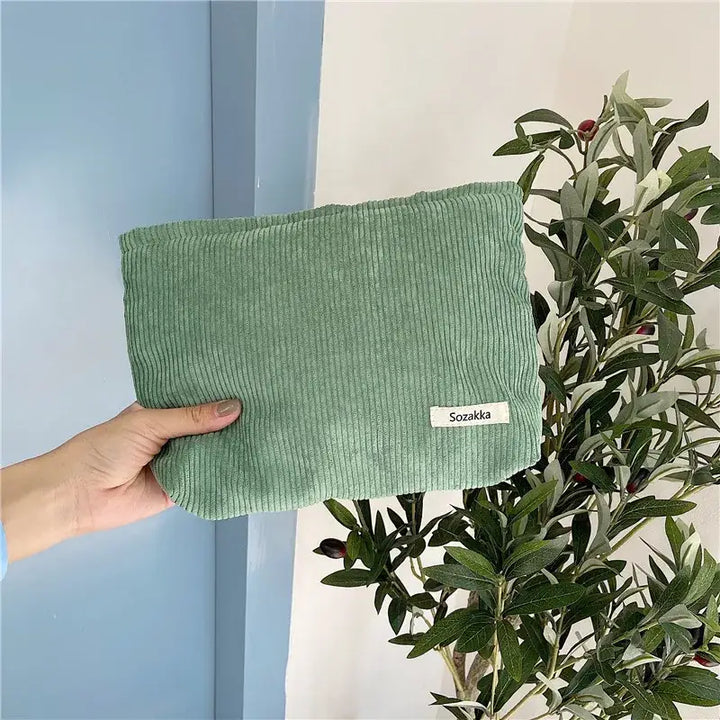 Trousse de Maquillage Velours Côtelé - Grande Capacité Portable - Vert