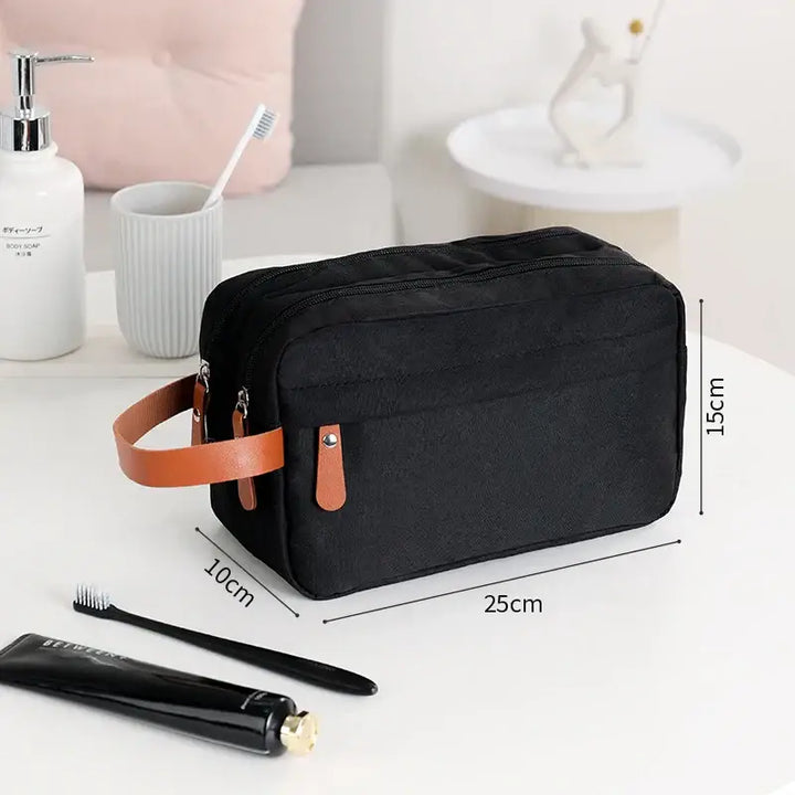 Trousse de Toilette Étanche - Sac Rangement en Toile avec Poignée en Cuir - Noir