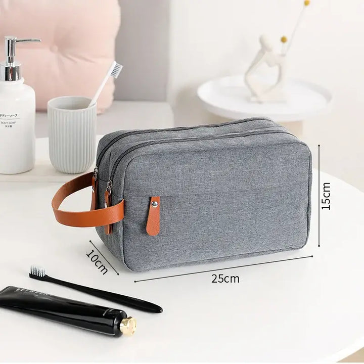 Trousse de Toilette Étanche - Sac Rangement en Toile avec Poignée en Cuir - Gris