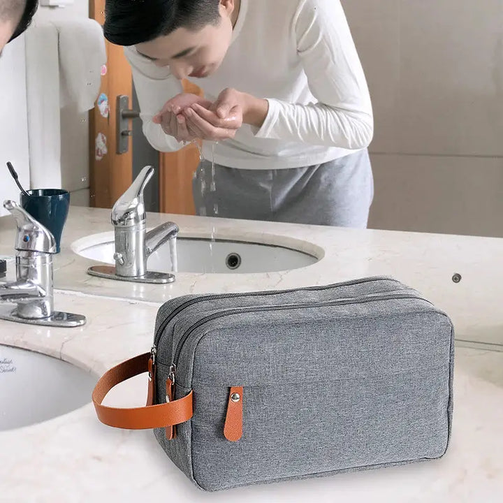 Trousse de Toilette Étanche - Sac Rangement en Toile avec Poignée en Cuir