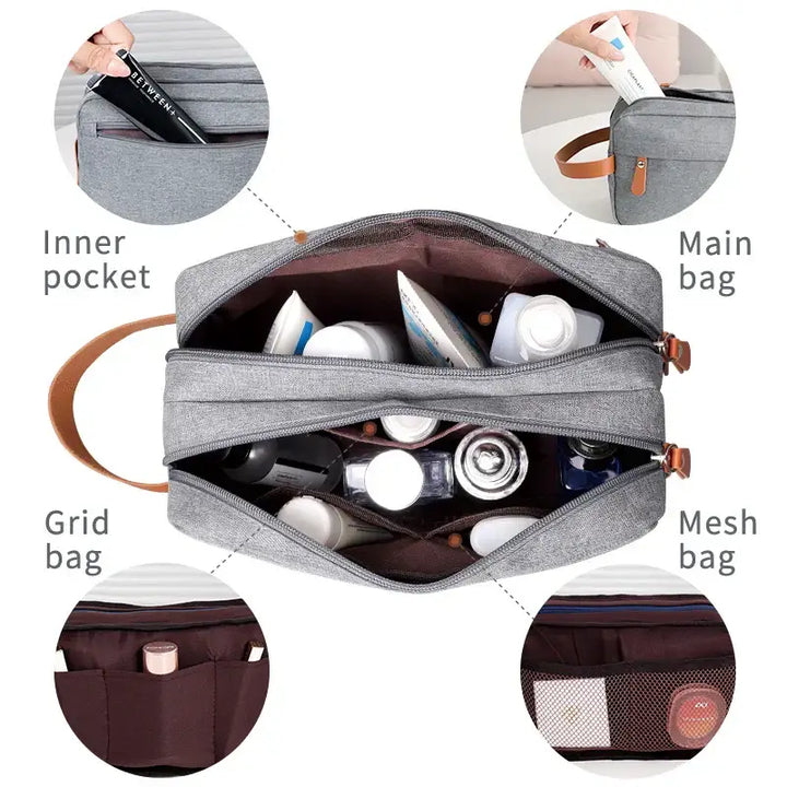Trousse de Toilette Étanche - Sac Rangement en Toile avec Poignée en Cuir