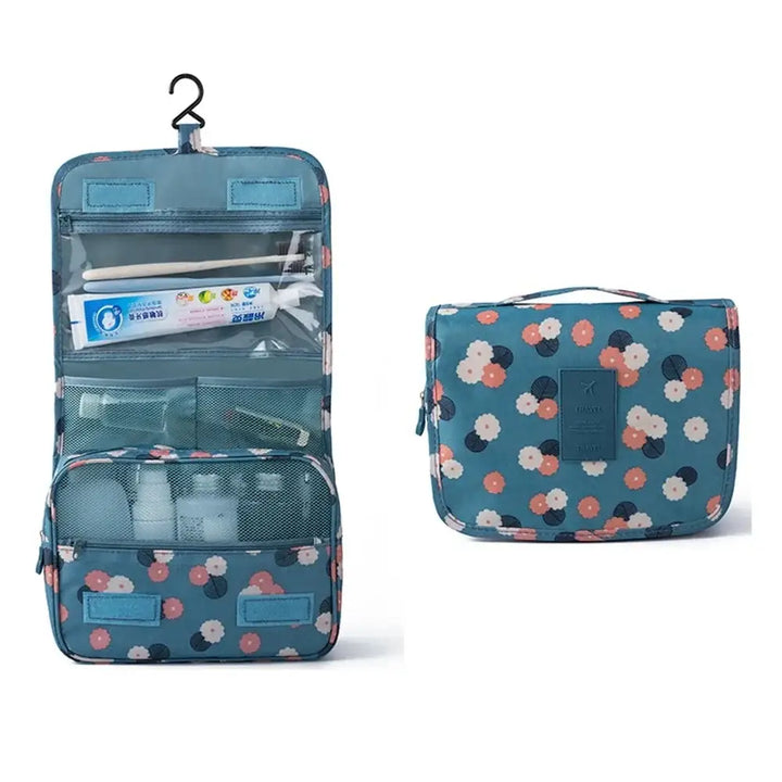 Trousse de Toilette Voyage - Grande Capacité Étanche avec Crochet Portable - Fleur bleu
