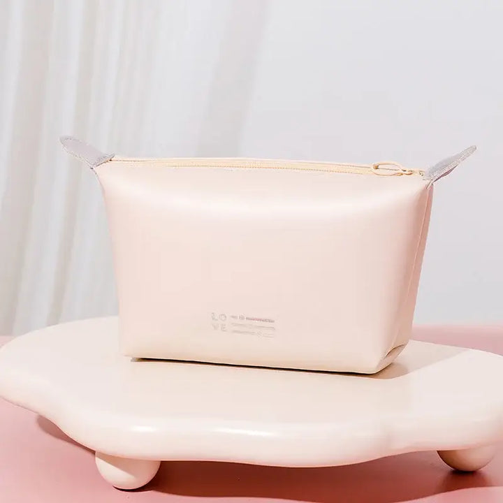Trousse Maquillage Femme en Cuir - Sac Voyage Compact à Fermeture Éclair - Beige