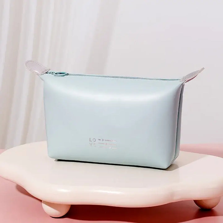 Trousse Maquillage Femme en Cuir - Sac Voyage Compact à Fermeture Éclair - Bleu Ciel