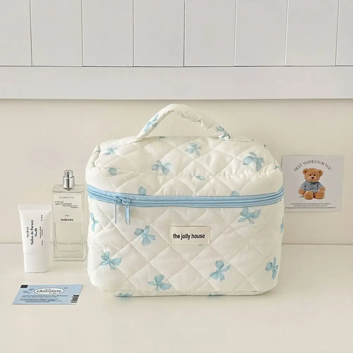 Trousse Maquillage Imprimé Nœud - Grande Capacité Voyage - Bleu-L