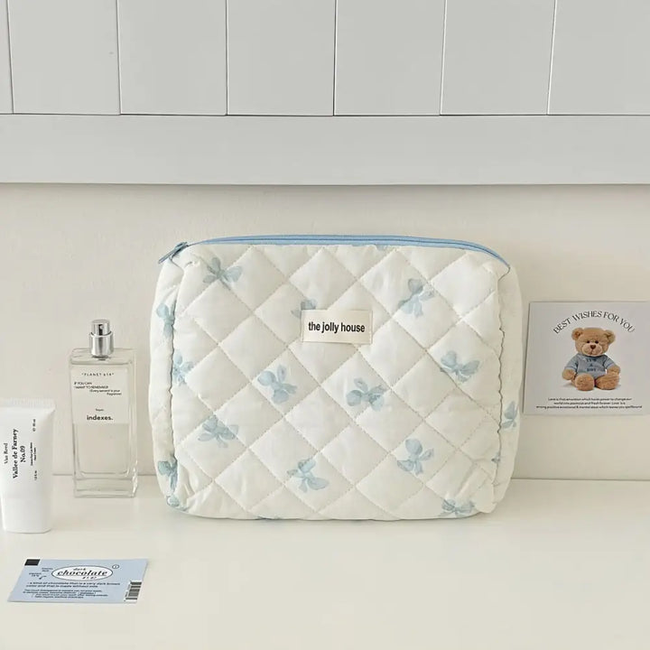 Trousse Maquillage Imprimé Nœud - Grande Capacité Voyage - Bleu-M