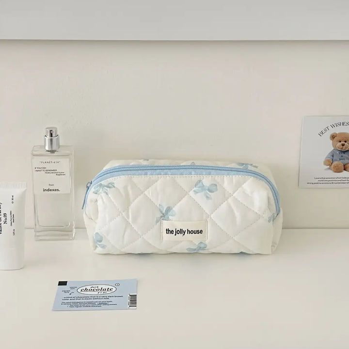 Trousse Maquillage Imprimé Nœud - Grande Capacité Voyage - Bleu-S