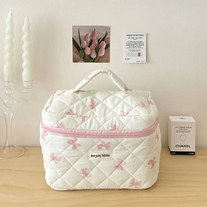 Trousse Maquillage Imprimé Nœud - Grande Capacité Voyage - Rose-L