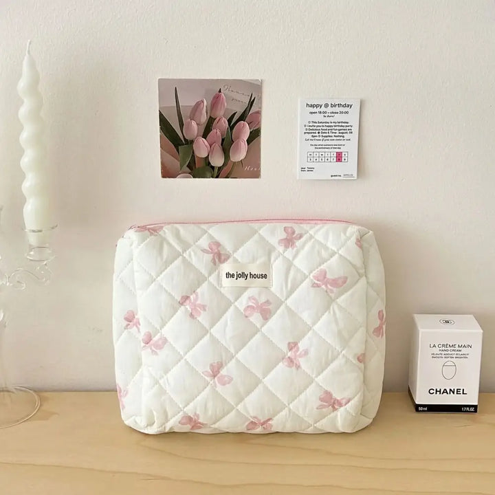 Trousse Maquillage Imprimé Nœud - Grande Capacité Voyage - Rose-M
