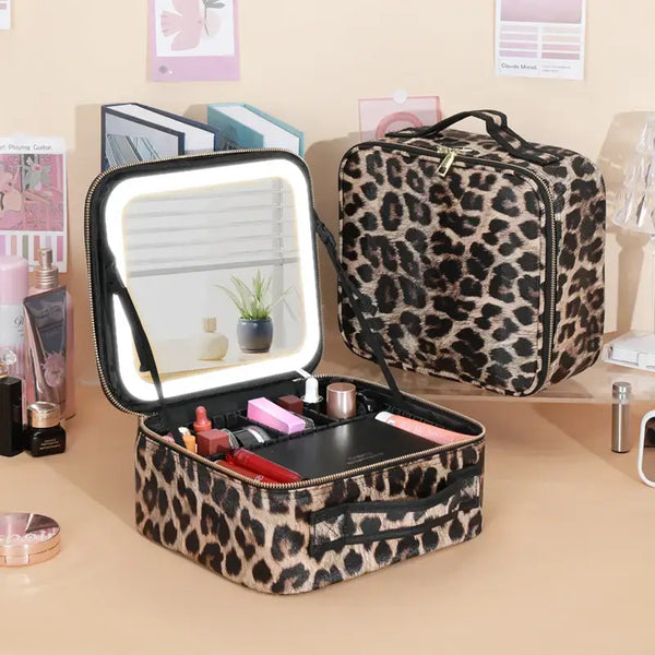 Trousse Maquillage LED avec Miroir - Intensité Variable et Motif Léopard