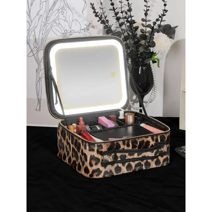 Trousse Maquillage LED avec Miroir - Intensité Variable et Motif Léopard