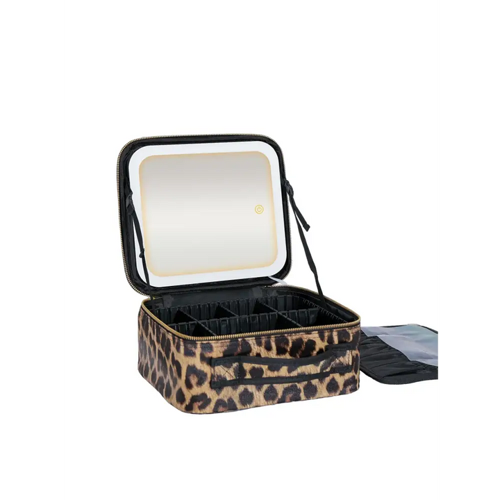 Trousse Maquillage LED avec Miroir - Intensité Variable et Motif Léopard