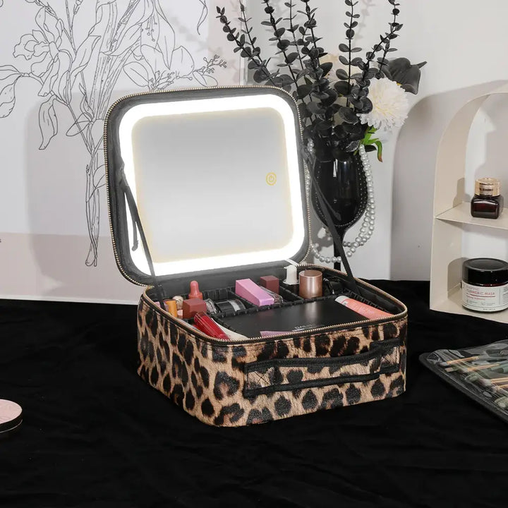 Trousse Maquillage LED avec Miroir - Intensité Variable et Motif Léopard