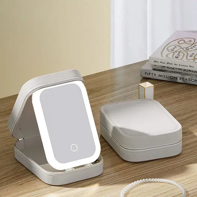 Trousse Maquillage LED Portable - Miroir Lumière Intégrée Rangement Cosmétique Compact - Blanc