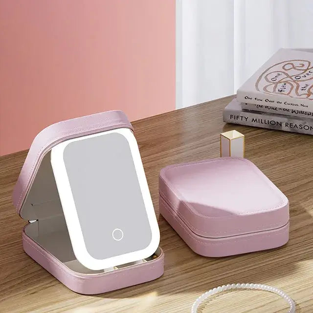 Trousse Maquillage LED Portable - Miroir Lumière Intégrée Rangement Cosmétique Compact - Rose