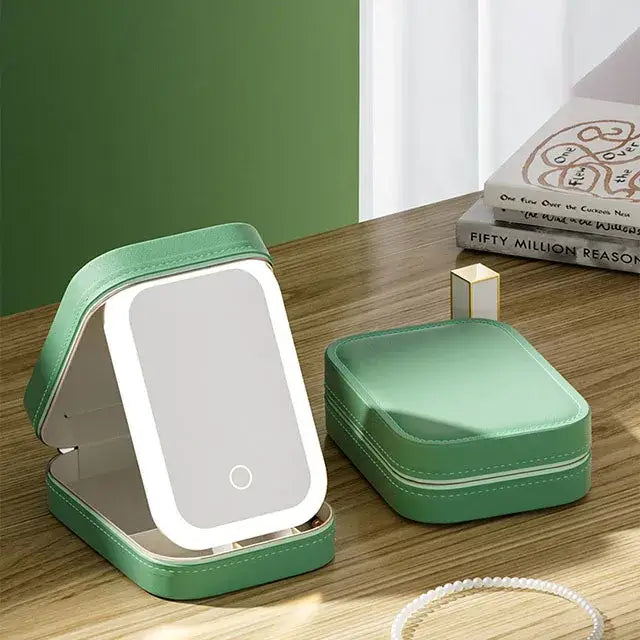 Trousse Maquillage LED Portable - Miroir Lumière Intégrée Rangement Cosmétique Compact - Vert