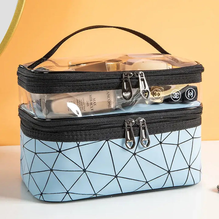 Trousse Maquillage Transparente - Étanche avec Double Fermeture à Glissière - Bleu Ciel