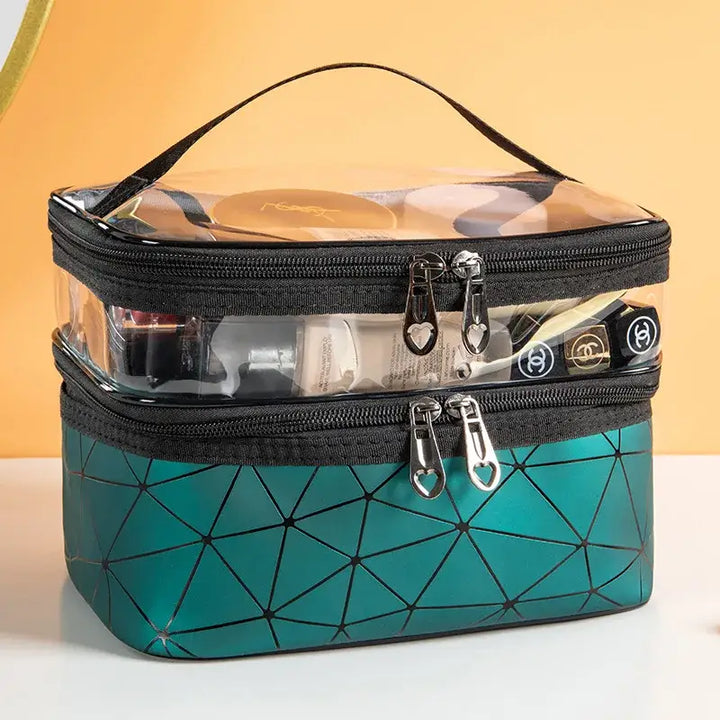 Trousse Maquillage Transparente - Étanche avec Double Fermeture à Glissière - Vert