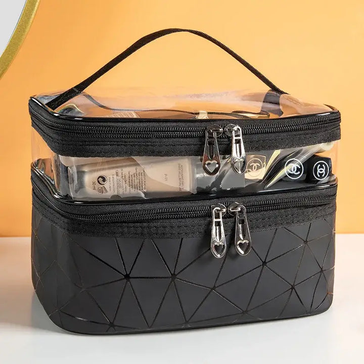 Trousse Maquillage Transparente - Étanche avec Double Fermeture à Glissière - Noir