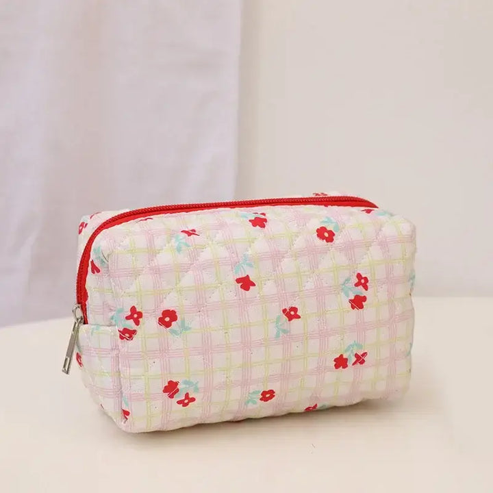 Trousse Matelassée en Coton Doux - Grande Pochette de Maquillage avec Fermeture Éclair - S Rouge