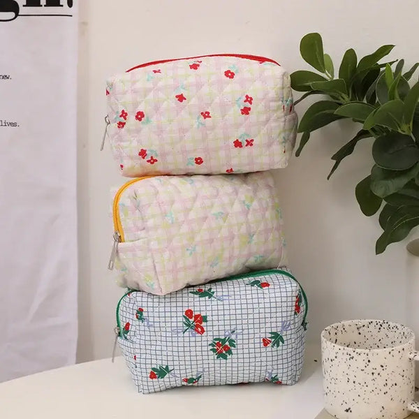 Trousse Matelassée en Coton Doux - Grande Pochette de Maquillage avec Fermeture Éclair