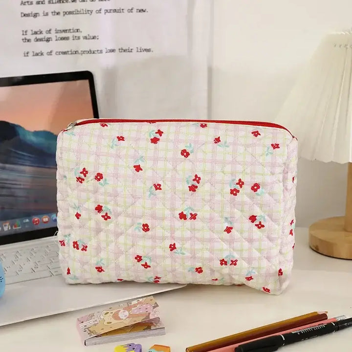 Trousse Matelassée en Coton Doux - Grande Pochette de Maquillage avec Fermeture Éclair - L Rouge
