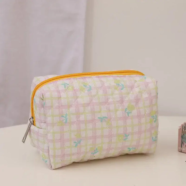 Trousse Matelassée en Coton Doux - Grande Pochette de Maquillage avec Fermeture Éclair - S Jaune