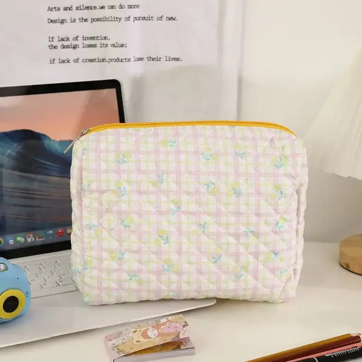 Trousse Matelassée en Coton Doux - Grande Pochette de Maquillage avec Fermeture Éclair - L Jaune